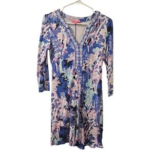 Lilly Pulitzer "Sugartown" Blue Floral Rayon Spandex V Neck Long Sleeve Dress XS